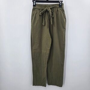 Olive Green Linen Womens Small High Waisted Tie Waist Straight Leg Crop Pants